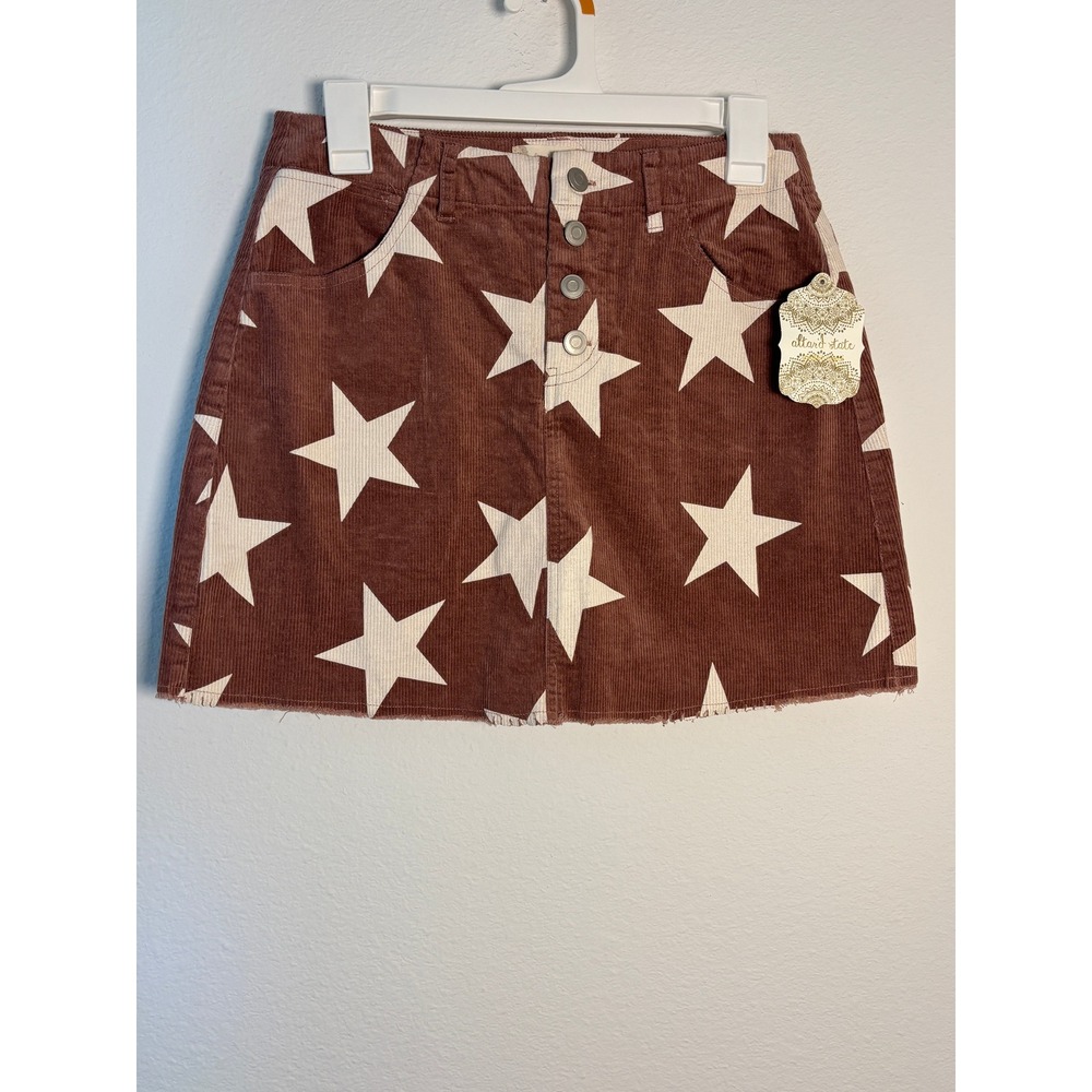Altar'd State‎ Brown Corduroy Star Print Mini Skirt Button Front Raw Hem Medium